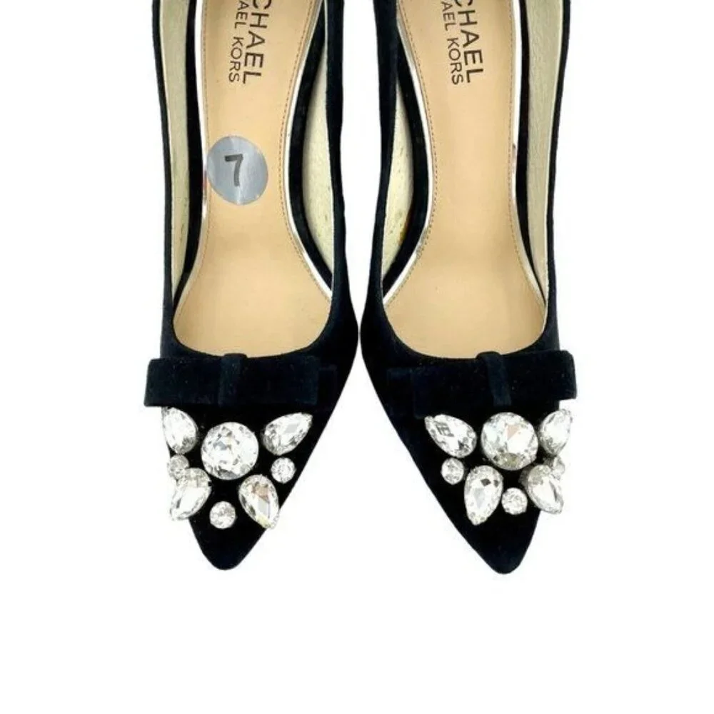 MICHAEL KORS Felicity Black Suede Leather Pumps Crystal Rhinestone SZ 7 NEW
